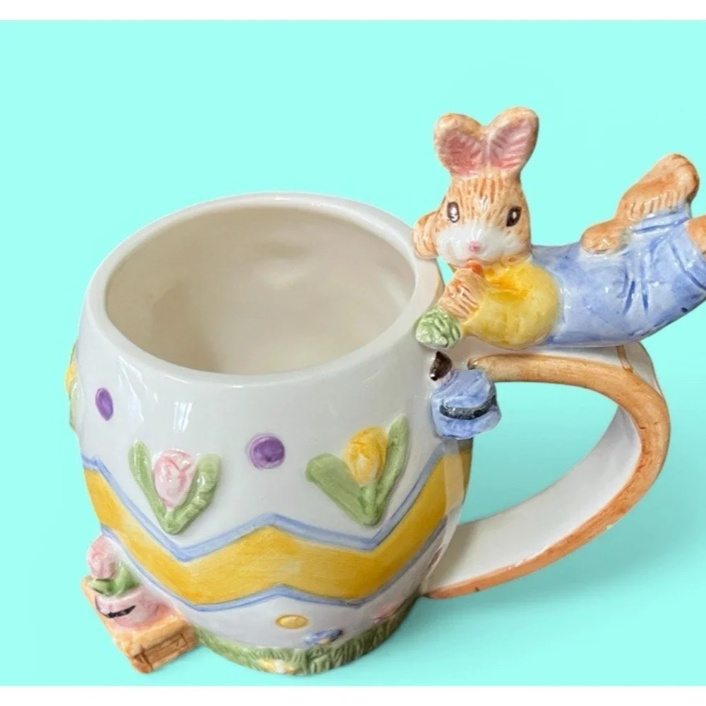Fitz & Floyd Omnibus Eggspress Bunny‎ Rabbit Plate Cup Set Pastel Spring Vintage